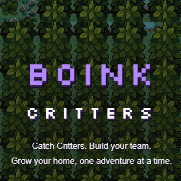 Boink Critters title screen in a pixel forest: catch critters, build your team