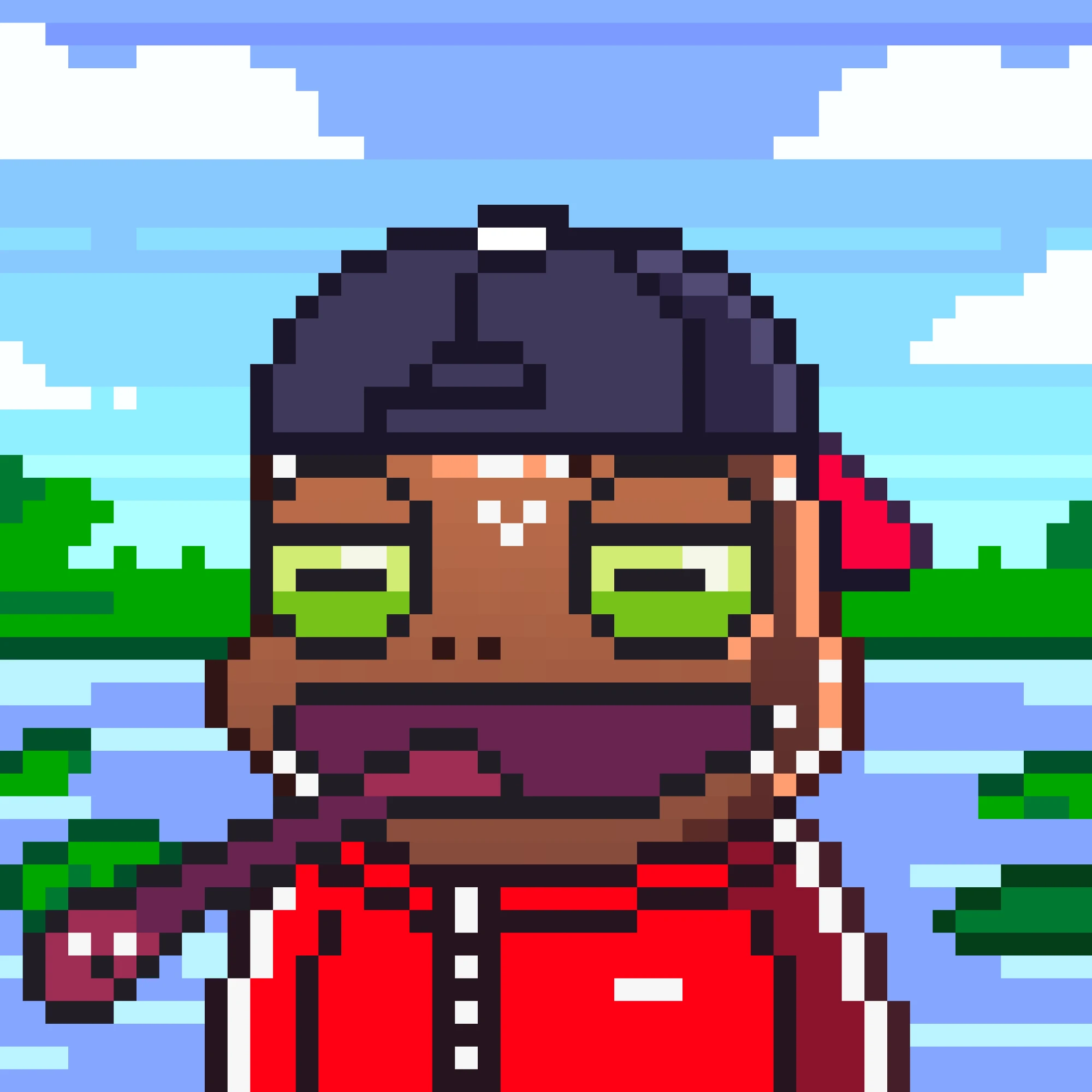 Boink, a pixel frog in a beanie and red track jacket