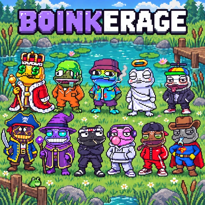 The Boinkerage collection: a crew of pixel frogs gathered by the pond