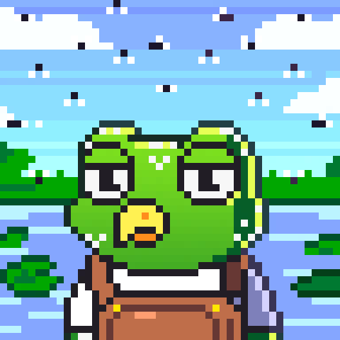 Boinkerage frog: green duck-billed frog in brown overalls by the pond